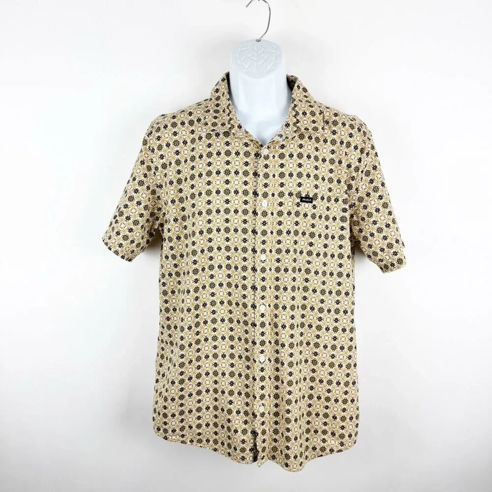 RVCA Shirt Mens Large Black Brown Floral Regular Fit Short Sleeve Button Down LG - Picture 1 of 16